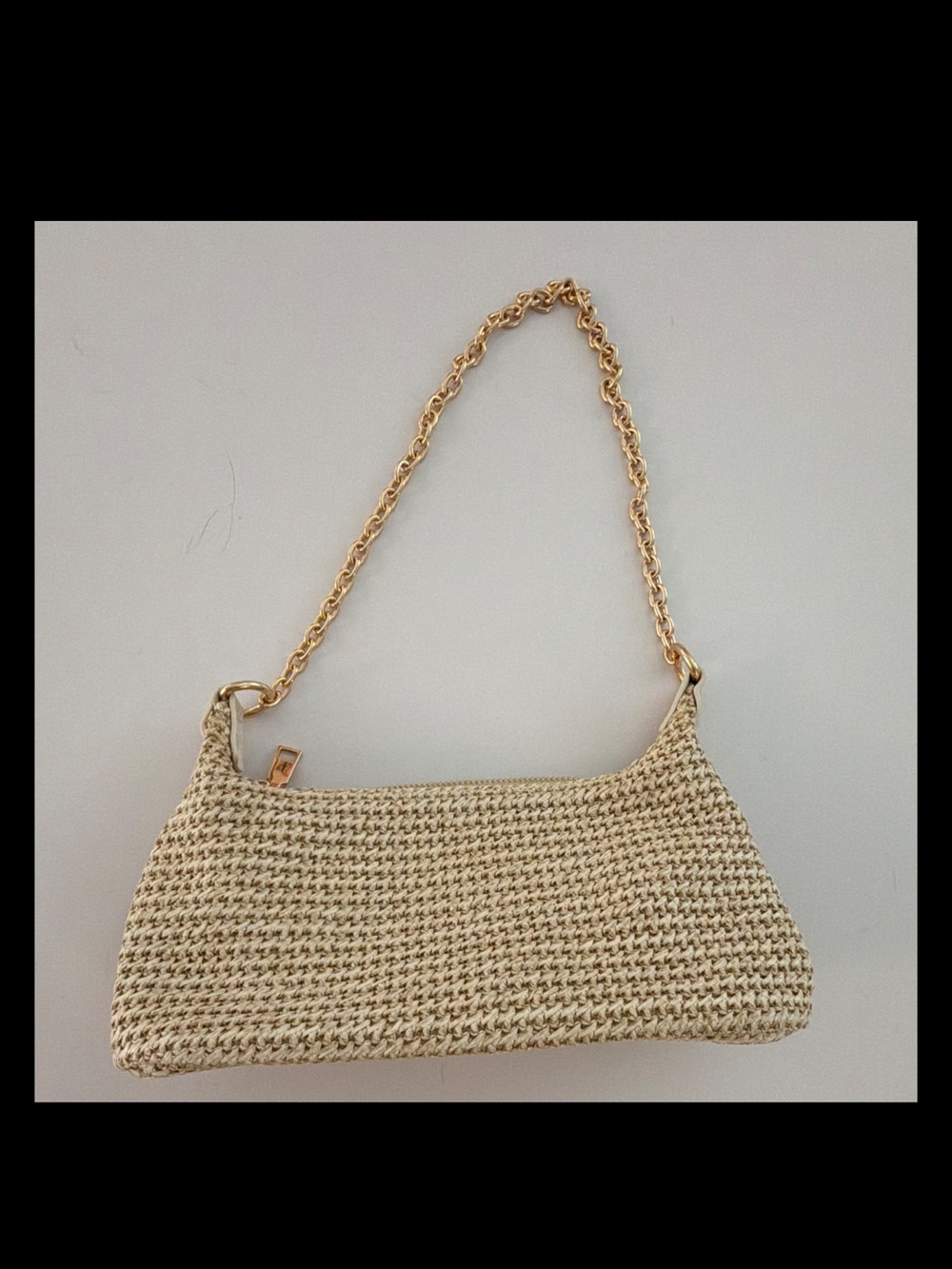 Woven Straw Shoulder Bag with Gold Chain - Natural